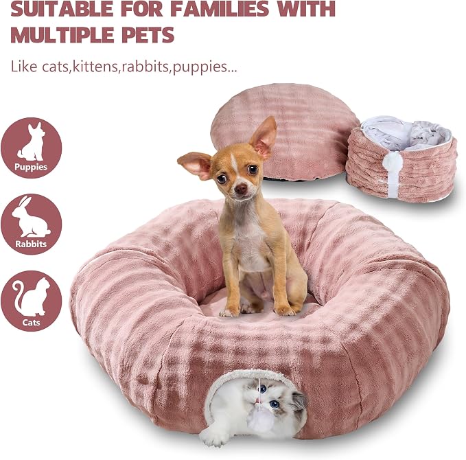 Bubble Round Cat Tunnel for Indoor Cats, Dusty Pink | Peekaboo Cave Toy with Dangling Balls, Donut Tunnel Bed with Circle Mat for Puppy Kitten Rabbit