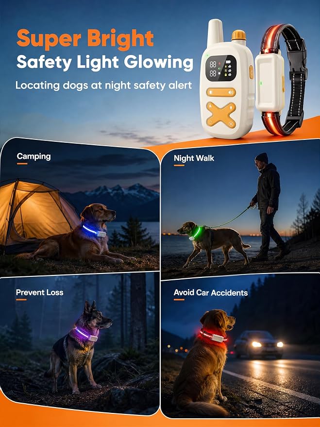 Dog Training Collar with Remote: 3300ft Range IP68 Waterproof E-Collar with Reflective Strap, Beep Vibration & Shock Modes for Anti-Bark & Behavior Correction, Dog Shock Collar, Fits 14"–25" Neck