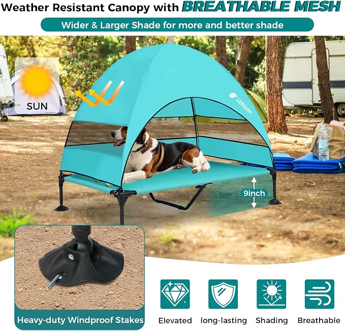 Elevated Dog Bed with Canopy for X-Large Dogs, Blue | UV-blocking shade, breathable Teslin mesh, tool-free setup, indoor-outdoor comfort for patios, balconies, travel
