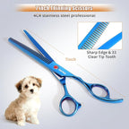 7.0in Titanium Professional Pet Grooming Scissors Set, GEMEK 6 in 1 Straight & Thinning & Upwards Curved & Downwards Curved Scissors & Comb for Dogs, Cats (Blue)