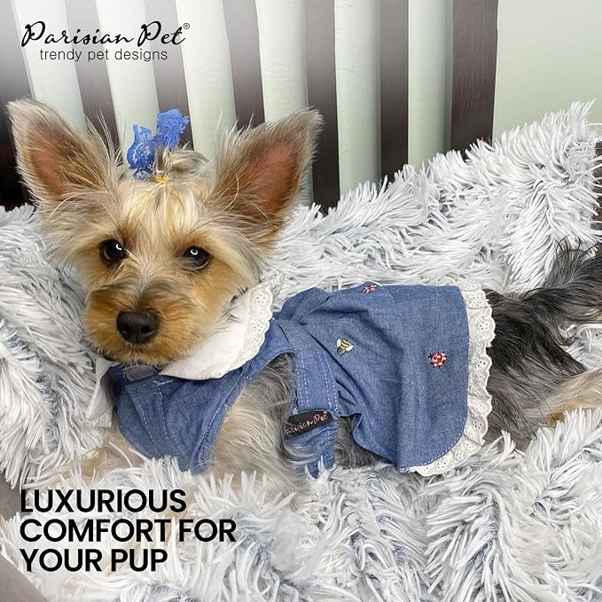 Parisian Pet Dog Overall Dress - Spring Summer Clothes for Small Dogs Girl - Floral Denim Pet Dress - Stylish Dog Outfit - Lightweight and Breathable Puppy Clothes - Sleeveless Dresses for Dogs