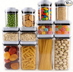 Pop Push Button Airtight Food Storage Containers 12 Pack | 4 Sizes: 0.65/0.7/1.8/2.4Qt, BPA-Free Clear Canisters for Pantry, Pasta, Cereal, Snacks, Coffee, Pet Food, Fridge