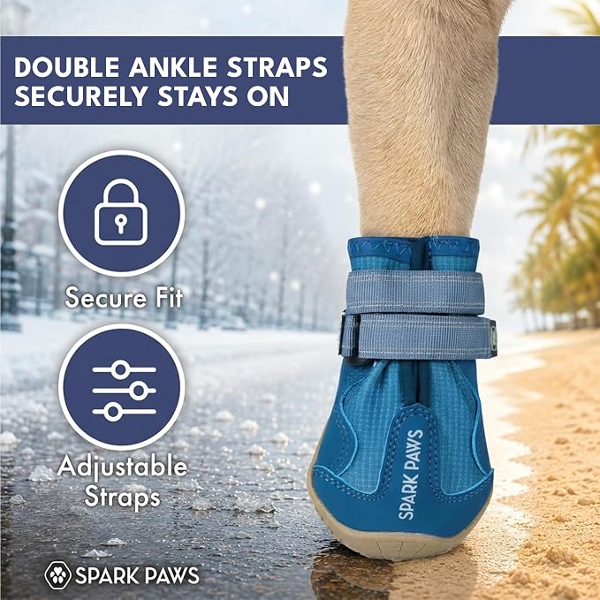 Spark Paws 365 Dog Shoes - All-Season Boots for Winter Snow & Hot Pavement | Water-resistant, anti-slip, stay-on straps - rain, ice & summer booties in one. Reflective; small, medium & large dogs