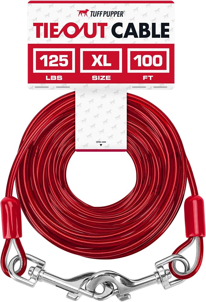 Tuff Pupper Dog Tie Out Cable, 100 ft Heavy Duty Lead for up to 125 lb Dogs | Extra-Strong Coated Steel Wire for Large Dogs; Water/Rust Resistant Yard Runner Line with 360-Degree No-Tangle Swivel Clips