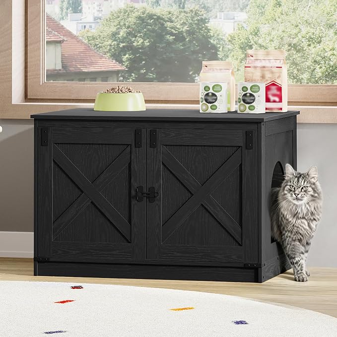 Hzuaneri Cat Litter Box Enclosure, Hidden Litter Box Furniture with Divider | Wooden Cat Cabinet with Removable Dividers, Reversible Entrance Left or Right Side, Cat Washroom, Black CB84604X
