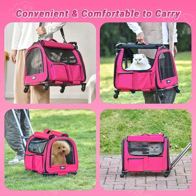 Large Pet Carrier with Wheels, Foldable Rolling Dog Carrier with Big Pocket, Cat Rolling Bag 21"x13"x13" for 2 Cats &Dogs, for Travel, Outdoor, Vet Visits, Camping, Indoor.Pink. (Not for Airline)