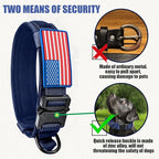 Tactical Military Collar - Adjustable Nylon, Heavy Duty Metal Buckle with Handle for Dog Training, with Patches (Blue, M)