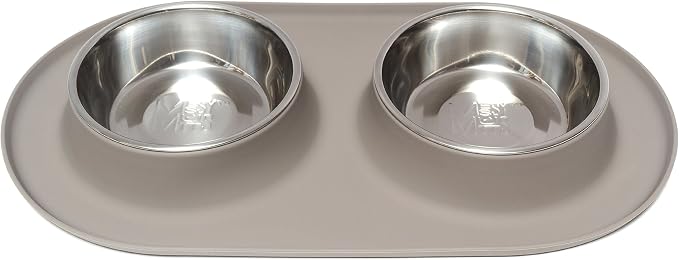Messy Mutts Double Silicone Dog Feeder, Stainless Bowls, Medium, Grey | Non-Slip Silicone Double Dog Feeder With Two Removable Stainless Steel Bowls For Food And Water