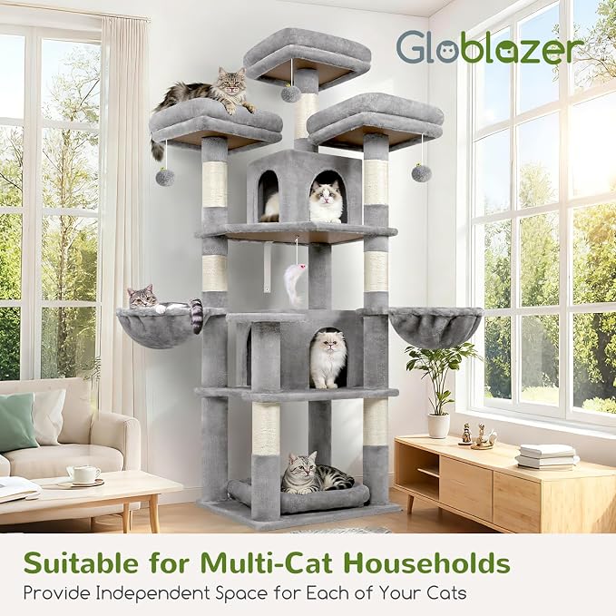 Globlazer Big Cat Tower for Indoor Cats, 68 inch Cat Tower for Multiple Adult Cats XL Cat Tree with Scratching Post, 3 Perches, 2 Condos, 2 Basket, Removable Pet Bed, F68B, Light Grey
