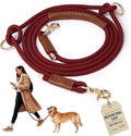 Hands Free Multifunctional Dog Leash for 1 or 2 Dogs, 9.8 ft, Winery Red | Waist, crossbody, or handheld lead with leather handle to walk run hike train. Double attachments for 2 dogs up to 125lbs.