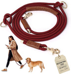 Hands Free Multifunctional Dog Leash for 1 or 2 Dogs, 9.8 ft, Winery Red | Waist, crossbody, or handheld lead with leather handle to walk run hike train. Double attachments for 2 dogs up to 125lbs.