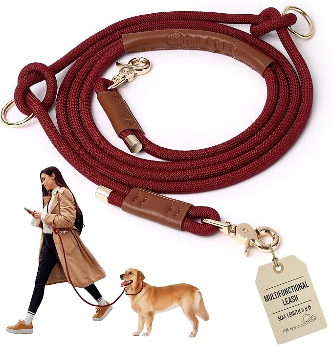 Hands Free Multifunctional Dog Leash for 1 or 2 Dogs, 9.8 ft, Winery Red | Waist, crossbody, or handheld lead with leather handle to walk run hike train. Double attachments for 2 dogs up to 125lbs.