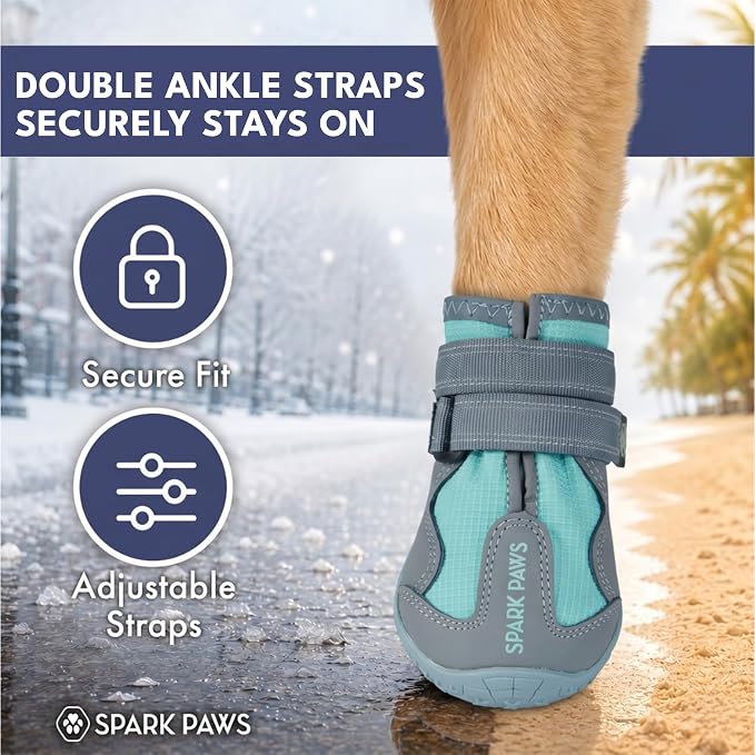 Spark Paws 365 Dog Shoes - All-Season Boots for Winter Snow & Hot Pavement | Water-resistant, anti-slip, stay-on straps - rain, ice & summer booties in one. Reflective; small, medium & large dogs