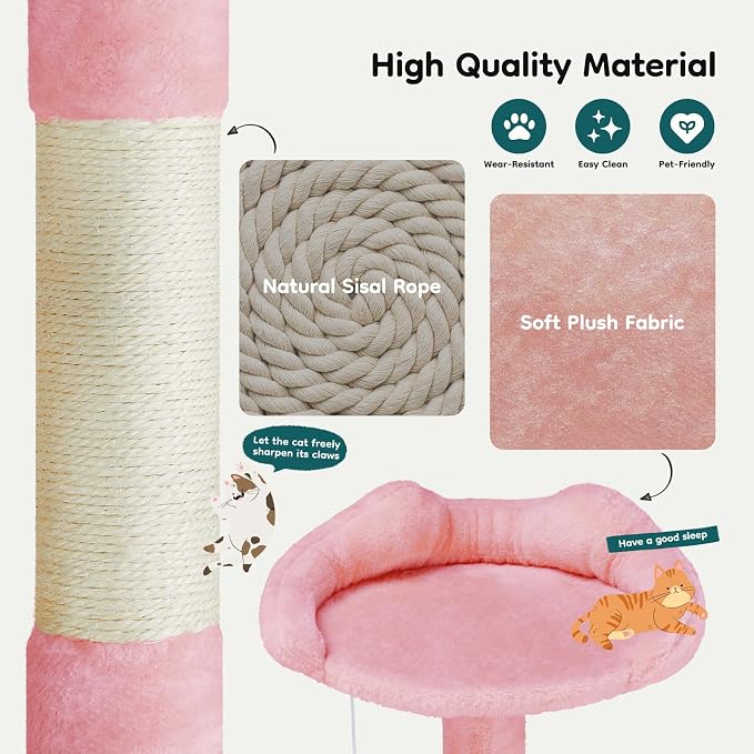DUMOS 54 Inch Cat Tree Tower with Scratching Posts, Pink | Multi-Level Pet House for Large Cats with 2 Condos, Scratching Posts, Round Platform, Small Ladder and Toys