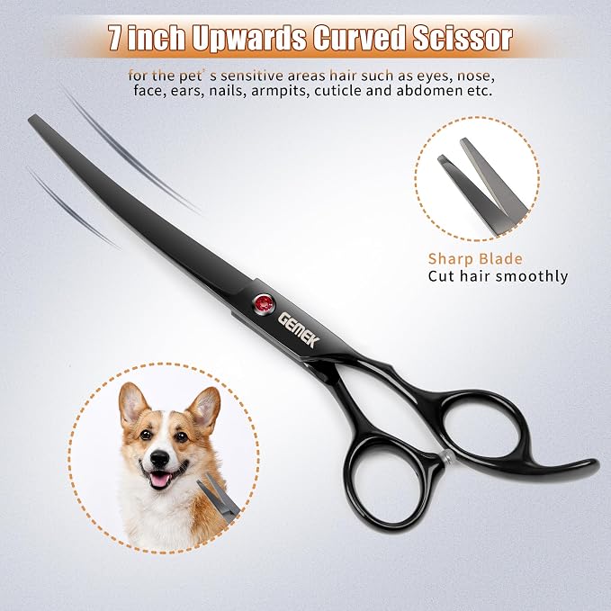 7.0in Titanium Professional Dog Grooming Scissors Set, GEMEK 6 in 1 Straight & Thinning & Upwards Curved & Downwards Curved Scissors & Comb for Dogs, Cats and Other Animals (Black)
