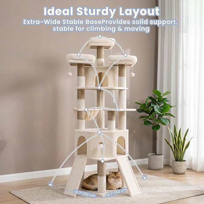 Cat Tree, 81.1" Tall Heavy Duty Cat Tower for Large Cats VCT032MJ | Cat Furniture with 3 Wide Platforms, Diamond-Shaped Condo 2 Sisal Scratchers, Hammock & Stable Base, Beige