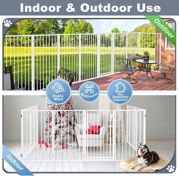 Metal Freestanding Dog Gates with Door for Outdoor Indoor,160'' Extra Wide 36'' Tall Free Standing Dog Gate for Doorways,Large Openings,Deck,Yard,Porch,Foldable Pet Fence (White,8 Panels)