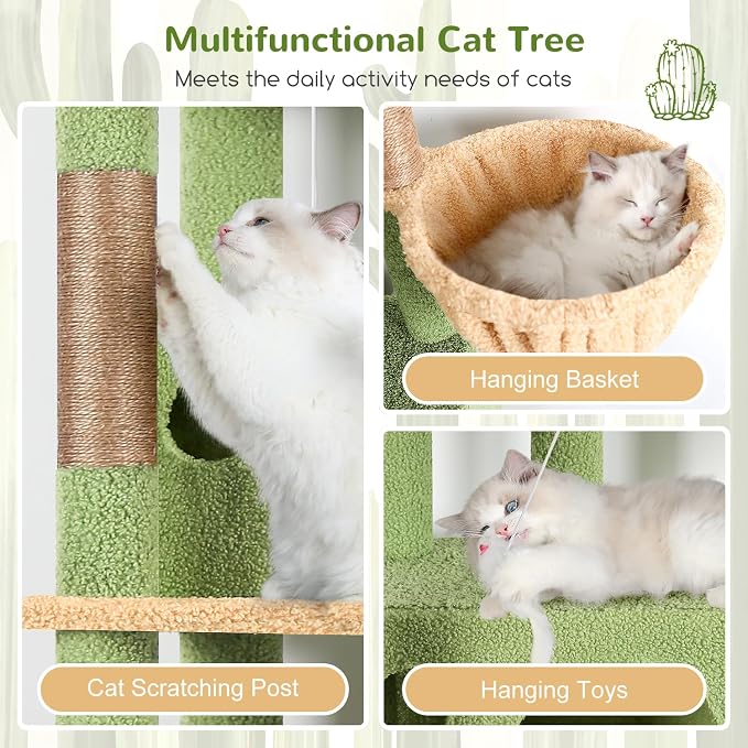 Globlazer F66 Cactus Corner Cat Tree, 66in Multi-Level Climbing Tower | Kitty Condos Cat Scratching Tower for Indoor Multiple Cats with Large Platform, 3 Cat Caves, Hanging Basket