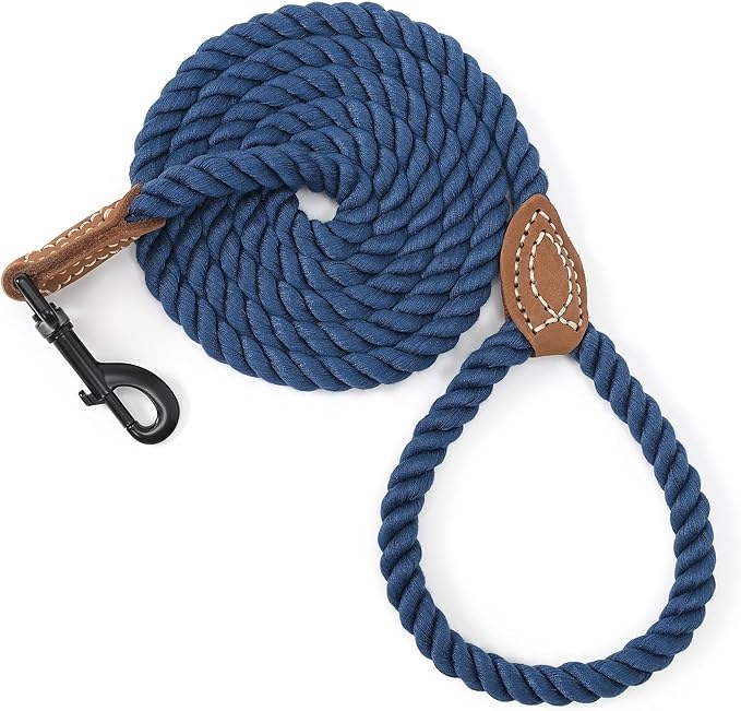Mile High Life Dog Leash Braided Cotton Rope with Leather-Reinforced Ends | Rust-proof 360° swivel clasp, Heavy-duty for small/medium breeds. Great for weddings, daily walks (5 FT, 1/3", Navy)