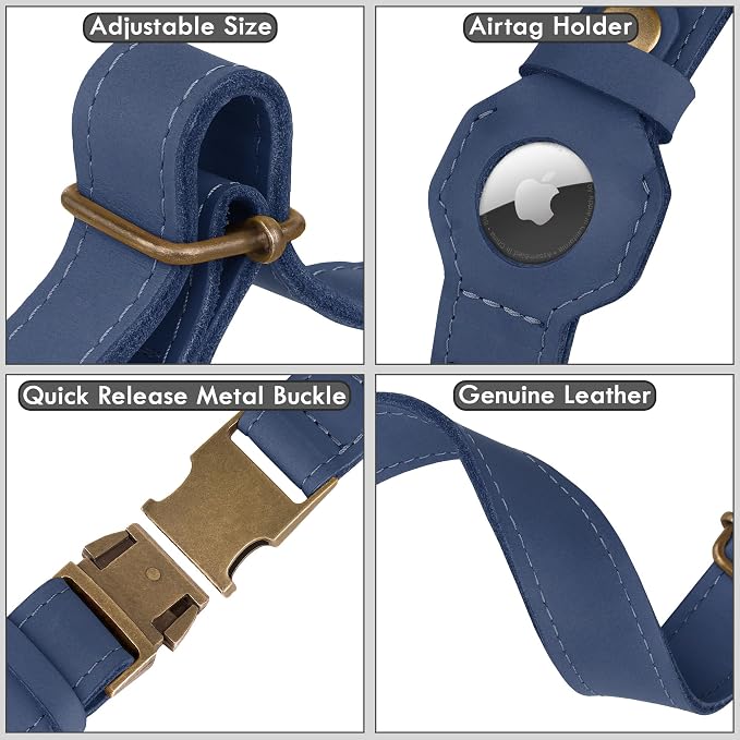 AirTag Dog Collar - Genuine Leather Dog Collar with Apple AirTag Holder and Metal Buckle - Smart GPS Tracking Pet Collars (Smoky Blue, S, 12"-15" Neck Fit) (Smoky Blue, XS, 9"-12" Neck Fit)