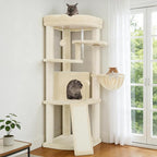 Gitelsnour Corner Cat Tree Tower with All Sisal Scratching Posts GCT025MU | 44.1" Cat Furniture with Multi-level Cat Condo, Cat Cave, Hanging Basket, Sisal Scratching Ramp for Indoor Cats, Beige