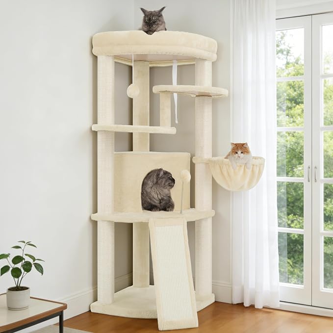 Gitelsnour Corner Cat Tree Tower with All Sisal Scratching Posts GCT025MU | 44.1" Cat Furniture with Multi-level Cat Condo, Cat Cave, Hanging Basket, Sisal Scratching Ramp for Indoor Cats, Beige