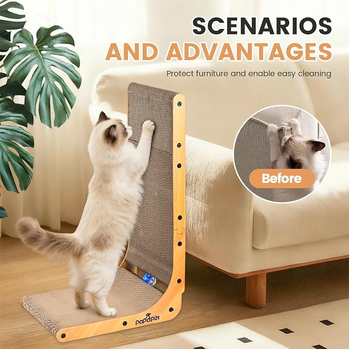 Cardboard Cat Scratcher for Indoor Cats, 26.8 Inch L Shaped Vertical Cat Scratching Board with Ball Cat Toy, Large Cardboard Cat Scratcher Pad