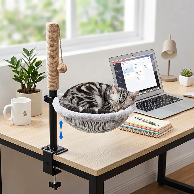PatiencET Cat Desk Bed with Scratching Post Adjustable Clamp-On Perch | 13.8 in clamp-on bed fits flat tabletops up to 3.3 in; adjustable support, rope scratching post and washable cover