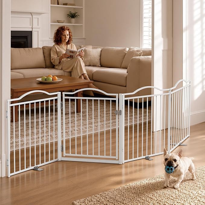 No Pawblems Full Metal Free Standing Dog Gate with Door, 30'' Tall | Foldable Freestanding Pet Gate for Indoor & Outdoor, Up to 104 Inch Extra Wide Dog Fence for Doorways, Stairs, Deck - White