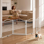 No Pawblems Full Metal Free Standing Dog Gate with Door, 30'' Tall | Foldable Freestanding Pet Gate for Indoor & Outdoor, Up to 104 Inch Extra Wide Dog Fence for Doorways, Stairs, Deck - White