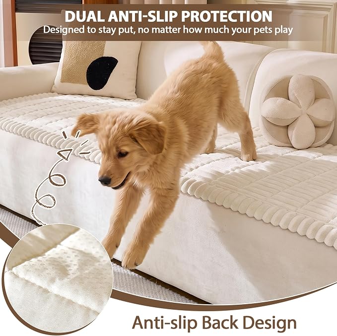 FUANGUI Waterproof Couch Cover Sofa Cover for Dogs and Pets Sofa Protector | Non-Slip Washable Fuzzy Soft Cat Bed Sofa Slipcover for 2-3 Cushion Couch Sofa Pet Friendly, Beige, 27.6" x 70.9", 1 pcs