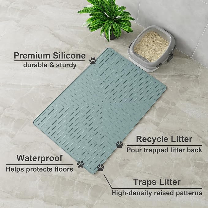 XL Cat Litter Mat, 37.5x25.2 Silicone Trapping Mat Light Blue | for Kitty Litter Box, Easy Clean, BPA Free Rubber, Center Litter Collection, Easy Pour-Back, Waterproof, Odor-Resistant