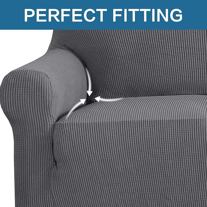 H.VERSAILTEX Stretch Sofa Covers for 3 Cushion Couch Covers Sofa Slipcovers for Living Room Feature Thick Checked Jacquard Fabric with Elastic Bottom, Sofa Large - Grey