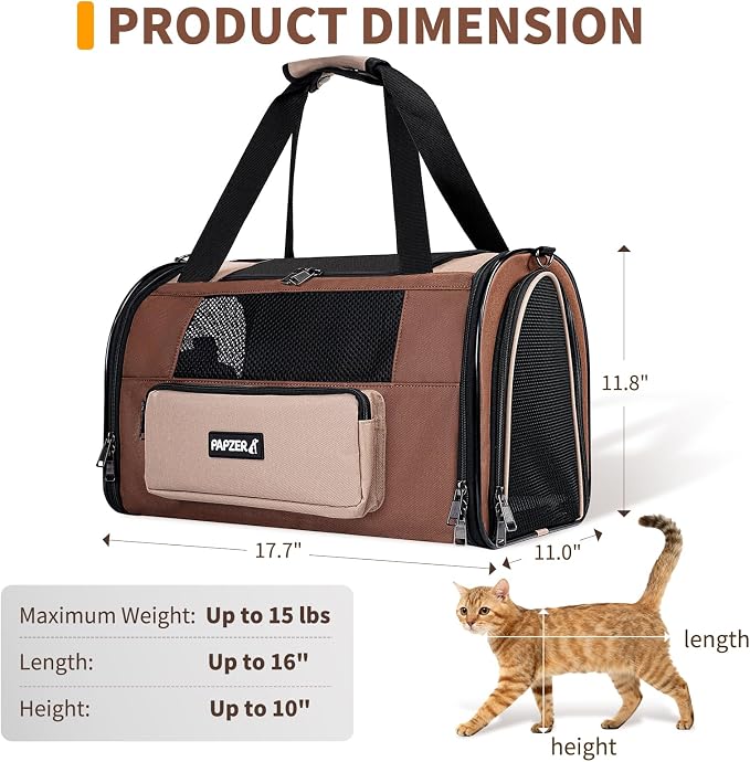 Collapsible Small Pet Carrier for Cat 15 lbs with Fashion Pocket Travel Bag | Lightweight Sturdy Little Puppy Dog Carry Crate, Breathable Stylish Kitten Soft Cage Kennel, Portable Yorkie Box Khaki