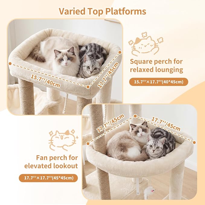 Heybly Cat Tree, 59.4" Secure Anti-Tip Cat Tower for Large Cats HCT055G | Spacious Cat Furniture with Dual-Tier Cat Condo, 2 Top Perches, Hammock and Sisal Scratching Posts, Beige