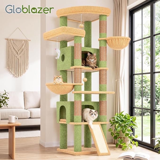 Globlazer Extra Large Heavy Duty Cactus Cat Tree, 80in Sturdy Cat Tree Tower for Multiple Indoor Cats Large Adult with Scratching Posts, 2 Spacious Condos with Padding, 2 Soft Perches, S80C, Green