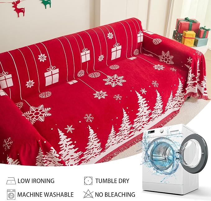 Christmas Couch Cover for Sectional Sofa, Chenille Loveseat Red Sofa Covers Washable for Pet Friendly Cedar Decorative Couch Covers, 71" x 102"