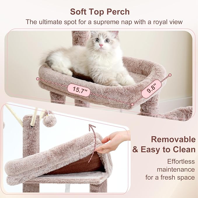 Heybly Cat Tree, 45.3" Cat Tower for Indoor Cats with Large Perch HCT202SMU | All-in-One Cat Furniture with Cozy Bed, Hidden Space Cat Condo, Comfy Hammock, Scratching Posts & 3 Pompoms, Rosy Brown