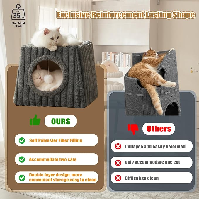 Dogpals Indoor Cat House - Large Cat Cave Bed with Fluffy Balls, Foldable Cat Bed Cave and Apartment with Pads, Suitable for Multiple Small and Large Cats, 18.5x15.4x15.4inches (Deep Grey, XL)