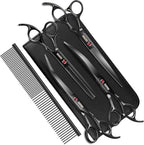 7.0in Titanium Professional Dog Grooming Scissors Set, GEMEK 6 in 1 Straight & Thinning & Upwards Curved & Downwards Curved Scissors & Comb for Dogs, Cats and Other Animals (Black)