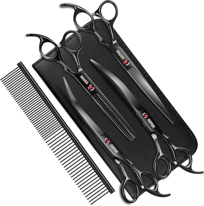 7.0in Titanium Professional Dog Grooming Scissors Set, GEMEK 6 in 1 Straight & Thinning & Upwards Curved & Downwards Curved Scissors & Comb for Dogs, Cats and Other Animals (Black)