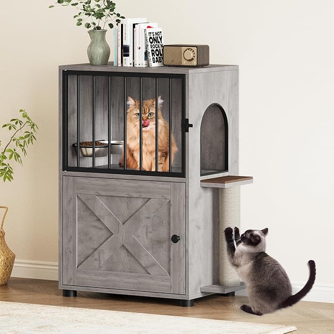 Dog Proof Cat Feeding Station, Dog Proof Cat Feeder, Cat Food Table | Cat Feeding Station with Scratching Post, Elevated Cat Food Bowls with Stand, Pet Food Storage Cabinet, Cat House, Gray