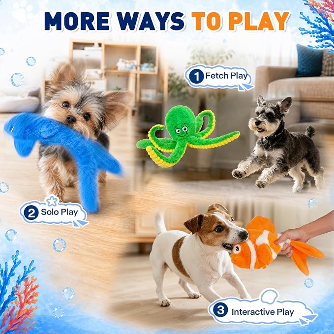No Stuffing Squeaky Crinkle Dog Toys, 5-Pack Ocean Animal Plush Set | For puppies and small, medium & large dogs | full-body crinkle and squeaker in every toy | easy to carry, toss and shake