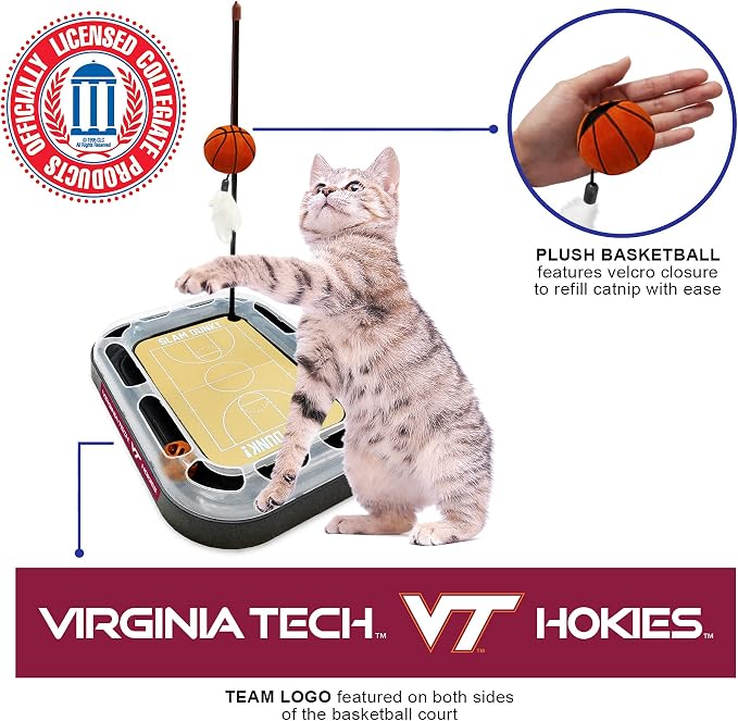 Cat Scratch Toy NCAA VIRGINIA TECH Hokies REVERSIBLE Basketball Court Felt/Cardboard Cat Scratcher Toy. Interactive Cat Ball Bell in Tracks. 6-in-1 CAT TOY Cat Wand Poll CATNIP-FILLED Plush Basketball