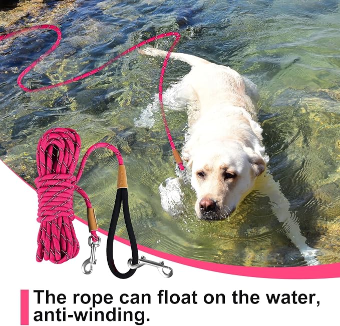 lynxking Long Dog Leash Reflective 15ft 30ft 50ft Check Cord Training Lead Padded Handle Heavy Duty Rope for Puppy Small Medium Large Dogs (Pink, 30ft x 3/8inch)