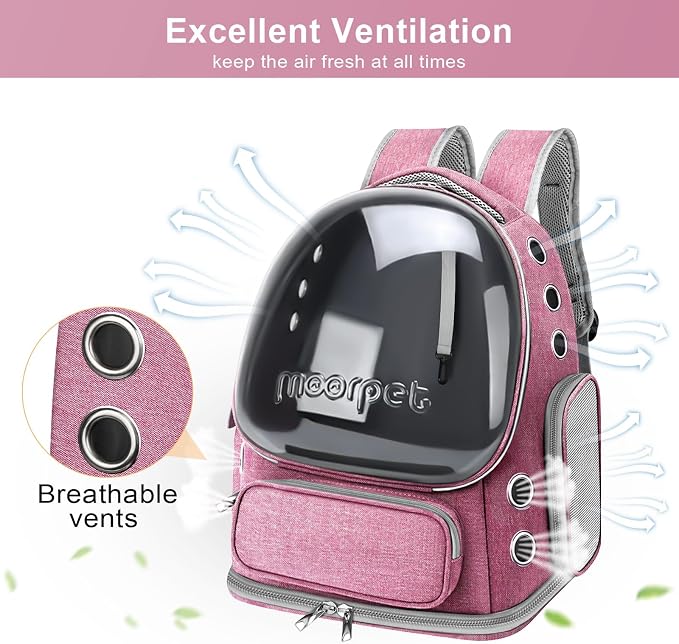 Cat Backpack Carrier, Breathable Cat Bubble Backpack Large Space Cat Carrier Backpack for Kitty Small Dog Up to 15 lbs, Foldable Airline Approved Cat Backpack, Transparent Pet Travel Backpack (Pink)