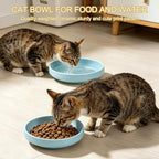 Shallow Elevated Cat Bowls with Bamboo Stand, 6.1 Inch Wide Ceramic Cat Dish Whisker Friendly, 2 Pack Pet Food and Water Plates