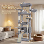 Heybly Tall Cat Tree for Large Cat, 80-inch Multi-Level Cat Tower HCT038W | Condo Furniture for Indoor Cats with Large Baseboard, 2 Widened Plush Perches, Scratching Board, Big Caves, Light Gray
