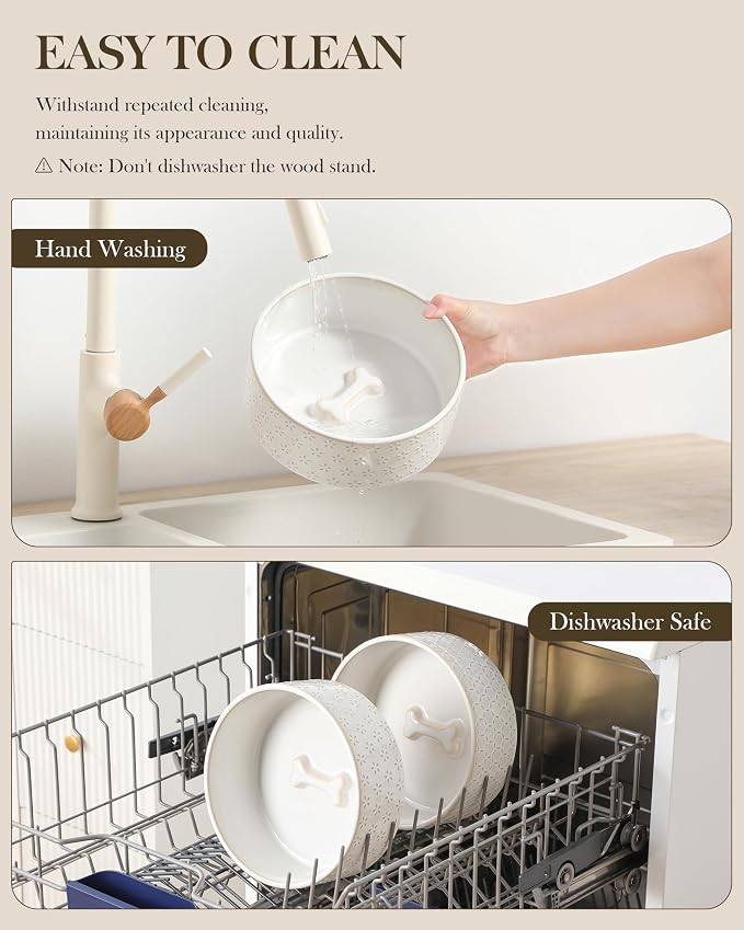 MALACASA Dog Bowl Set, Ceramic Bowls with Walnut Wood Stand, 6 Cups | Five-leaf grass and honeycomb design, non-slip base, for dogs, about 26% heavier than similar ceramic bowls