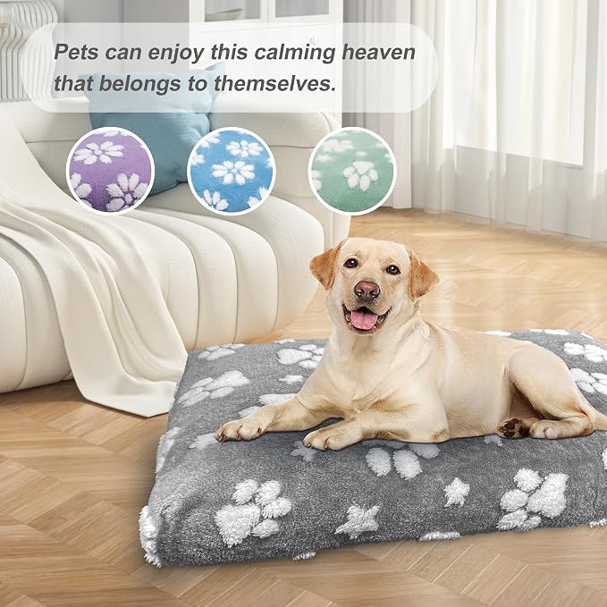 Cute Fluffy Dog Beds for Small Medium Dogs, 30"x 20", Grey Paw | Thick Dog Bed for Crate Kennel, Pet Bed with Removable Washable Cover, Anti-Slip Bottom